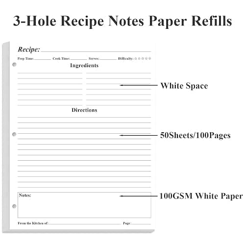 Blank Recipe Paper for A4 Binder - 3 Hole Recipe Book Paper Refills for Saving Recipes, 50 Sheets/100 Pages, 100gsm, White, 8.5'' x 11'' thumbnail 6