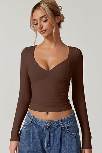 QINSEN Women's Long Sleeve V Neck T Shirts Double Lined Crop Top Seamed Cup Going Out Tops thumbnail 3