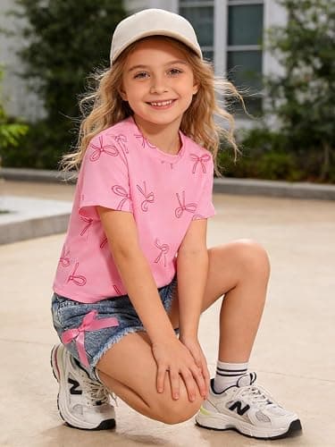 Azmxynol Kid Girls Clothes Outfits Bowknot T-Shirt + 2 In 1 Denim Short Skort Summer Clothing Set, Size 4-10 Years thumbnail 5