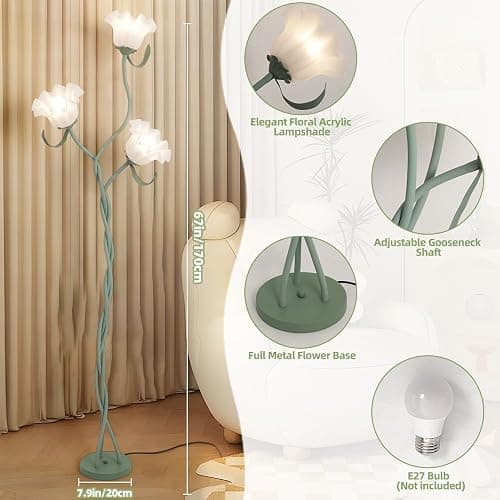 YLTLINK Green Flower Floor Lamp for Living Room,3 Light Floor Lamp,Lotus Floorlamp,Vintage Tall Standing Lamp,Modern Decor Floor Light for Bedroom,Office,Girl's Room,Pretty Cute Lily Lamp thumbnail 4