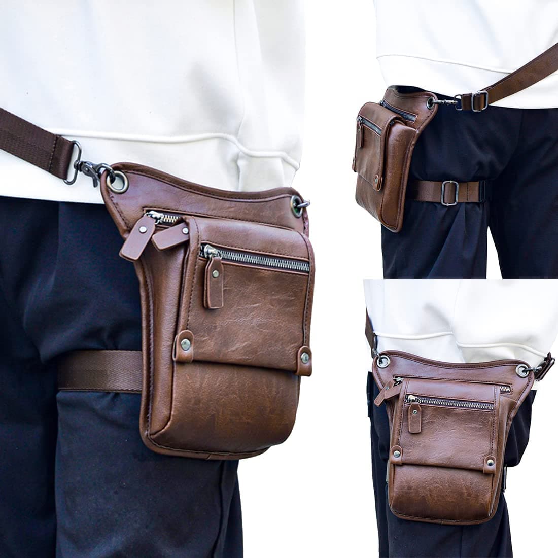 Riñonera de piel clásico para hombre, cinturón de cadera, marrón (01-brown), Mediano, Casual thumbnail 3