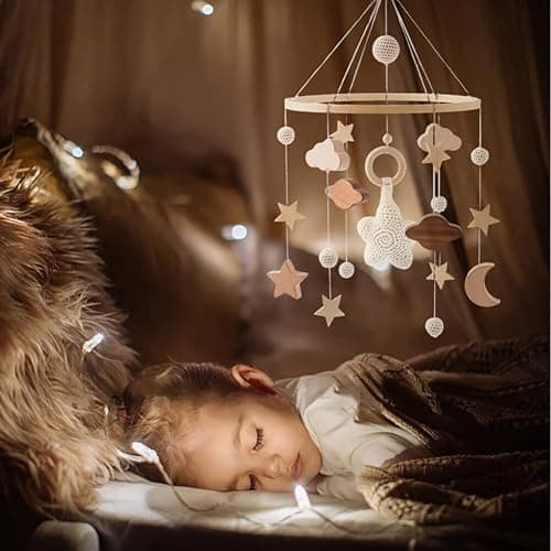 Baby Mobile for Crib, Wooden Baby Crib Mobile with Felt Ball Decor Wind Chime Bed Bell Cute Star Pendant Boho Hanging Decor Handmade Neutral Crib Bell for Kids Room Nursery Bedroom Type 2 - Type 2 thumbnail 2