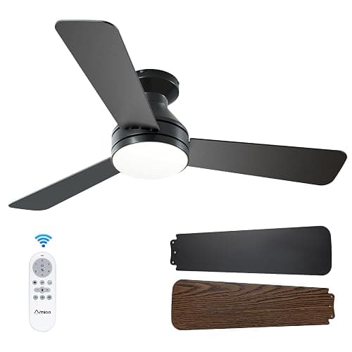 Amico 42 Inch Black Low Profile Ceiling Fans with Lights and Remote | Flush mount, 3-color dimmable light, quiet reversible DC motor, easy install, memory, timer, bedroom, covered outdoor areas - Image 1