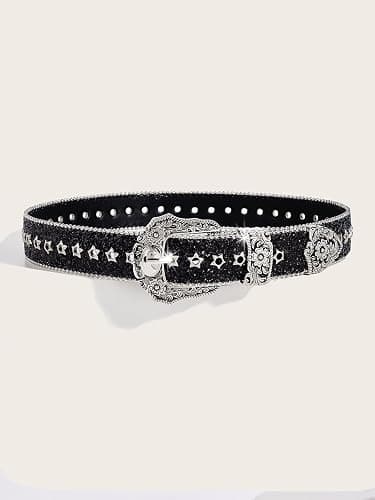 TYHOTULY Women Bling Rhinestone Belt Y2k Vintage Punk Goth Embossed Buckle Cowgirl Cowboy Western Star Belt Jeans Accessories thumbnail 2