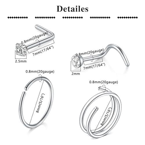 QWALIT 18g & 20g Nose Rings & Hoops - L & C Shape Studs - Surgical Stainless Steel & Silver Nose Piercing Jewelry - Rose Gold & Black - For Women & Men thumbnail 2