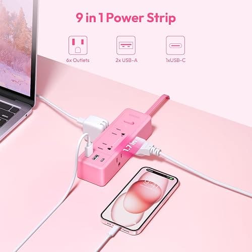 NTONPOWER Pink Extension Cord 10 ft, 1080 Joules Surge Protector Power Strip with 6 Widely Outlets 3 USB (1 USB C), Flat Plug Extension Cord Power Strip Long Cord for Home Office Dorm Room Essentials thumbnail 3