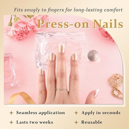 evpct Nude White French Tip Chrome Glazed Press on Nails Short Round Oval | No Glue, Women Manicure with Kit, Soft Reusable, Perfectly Fit, Acrylic Fake Nail, Salon-quality, Full Cover, Daily Wear thumbnail 5