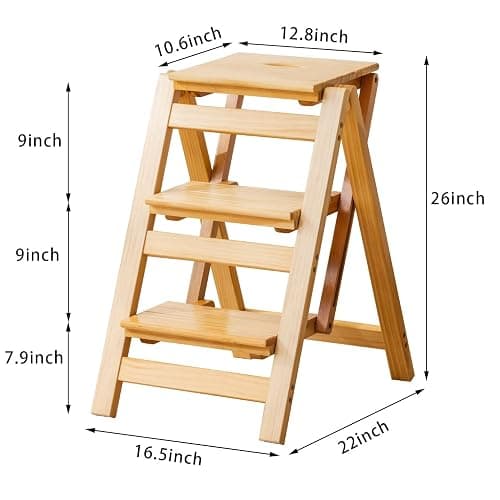 Latifolia Foldable 3 Step Ladder, Wooden Step Stool with Floor Saver, Decorative Ladder Shelf for Living Room, Kitchen, Garden(Nature) thumbnail 2