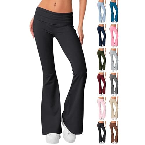 chaktkglok Flare Leggings for Women Low Rise Fold Over Flared Yoga Pants Bootcut Leggings Ladies Comfy Workout Pants - Image 1