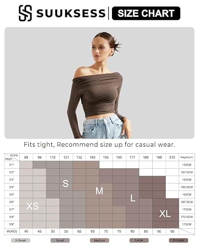 SUUKSESS Women Off Shoulder Long Sleeve Shirts Double Lined Fitted Crop Tops thumbnail 6