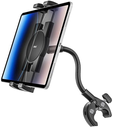 Gooseneck Tablet Holder for Wheelchair/Stroller/Golf Cart/Boat/Mic stand/Indoor Cycling Bike/Gym Bicycle Handlebar Clamp, Compatible with 4.7-13" iPad Pro/Air/Mini, iPhone, Galaxy, Fire HD, E-book - Image 1