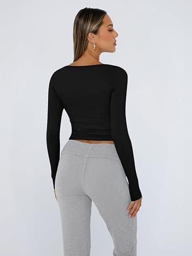 Trendy Queen Womens Long Sleeve Shirts Crop Tops Fall Fashion 2025 Square Neck Going Out Basics Tees Y2k Clothes thumbnail 5