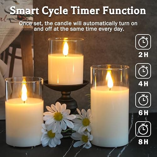 LEDHOLYT Rechargeable Flameless Glass Pillar Candles–Easter Flameless Candles Decorations,–Set of 3, Realistic Flickering LED Light,Remote & Timer, Ideal for Living Room, Bedroom & Easter Décor thumbnail 2