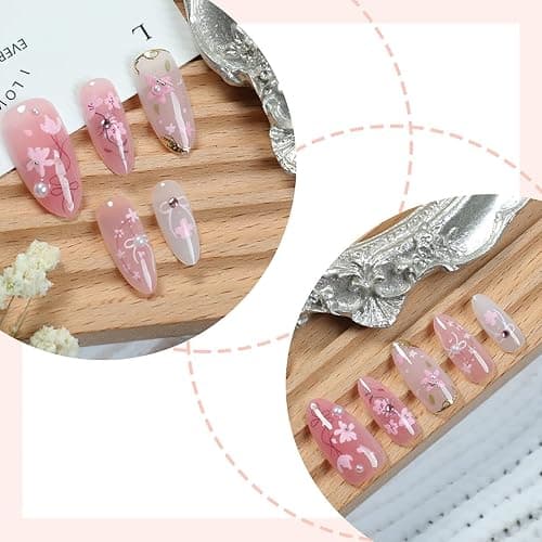 30Pcs Pink Flower Press on Nails Medium Almond Fake Nails Peach Blossom with 3D Rhinestones Pearl Gold Glitter Design Artificial Cute Cat Nails Stick on Nails Spring False Nails for Women Acrylic Nail thumbnail 3