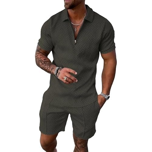 amropi Homme Survêtement de Sport T-Shirt à Manches Courtes Fermeture éclair et Short Ensemble - Image 1