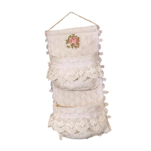FewNvWa Wall Hanging Storage Bag Organizer Basket Pouch Holder with Quilted Cotton and Milk Lace Easy to Install and Space Saving Suitable for Bedroom Bathroo, 2 Pocket thumbnail 7