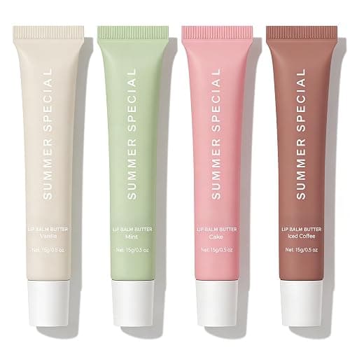 4 PCS Summer Special Lip Butter Balm, Hydrating, Nourishing Lip Care with Shea Butter & Olive Oil, Sheer Tinted Shine, Instant Moisture & Soothing Dry Lips (Vanilla/Mint/Coffee/Cake) - Image 1