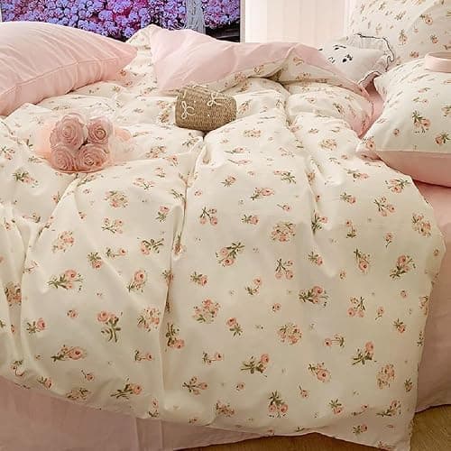 Erwinmu Floral Duvet Cover Set Twin Size,White Pink Floral Flowers Bedding Duvet Cover with Zipper Closure,Soft Microfiber Comforter Cover and 1 Pillowcase thumbnail 4