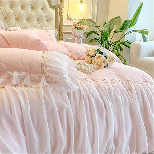 MOOWOO Pink Bedding-Romantic Ruffle Lace Bedding Set 2 Piece Comforter Twin Duvet Cover with Zipper Closure,Aesthetic Room Decor for Girls-Pink,Twin Size thumbnail 8