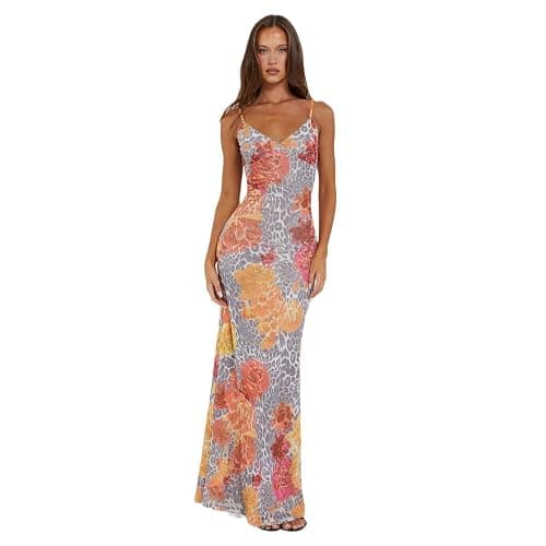 VANCOL Women Spaghetti Strap Satin Dresses Backless Hollow Casual Boho V Neck Dress Flowy Dress - Image 1