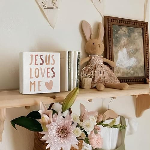 FLVGE Baby Girls Nursery Decor - Jesus Loves Me Christian Gifts Wood Sign Wall Art Decoration, Boho Neutral Bible Verse Kids Boys bookshelf Decorations, Toddler Girls Room Decor 5x5 thumbnail 4