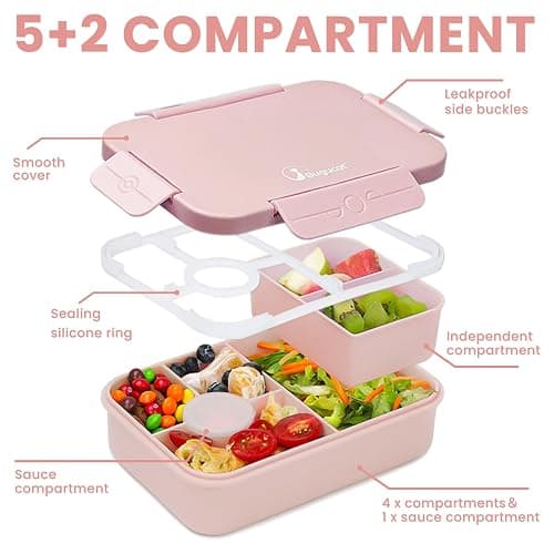 Bugucat Brotdose Kinder mit Fächern 1300ML, Auslaufsicher Lunchbox Kinder, Bento Box mit Besteckset, Brotdose für Erwachsene,Vesperdose Frühstücksbox für Mädchen & Jungen Rosa thumbnail 4