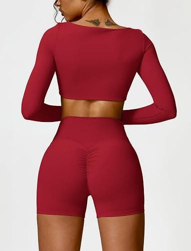 ABOCIW Workout Sets for Women 2 Piece Square Neck Long Sleeve Crop Tops High Waist Biker Shorts Gym Sets thumbnail 2