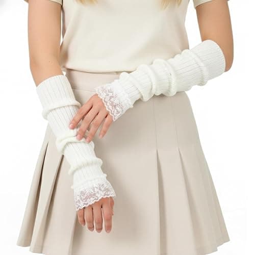 FdcLixuvol White Arm Warmers for Long Sleeve Fingerless Y2K Arm Warmers Knitted Lace Arms Sleeves Cool Girls Arms Covers White Long Goth Fingerless Sleeve for Women - Image 1