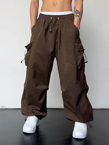 ZAFUL Flat Pocket Parachute Pants for Men Causal Baggy Cargo Pants Unisex Street Y2K Pants Drawstring Trouser - 1-deep Coffee - Medium thumbnail 4