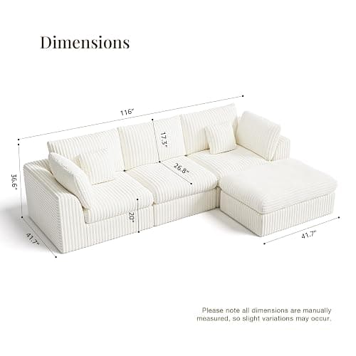Comkei 116” Boneless Sectional Couch Modular Cloud Sofa with Ottoman for Living Room Deep Seat Corduroy Couches for Apartment Warm White thumbnail 2