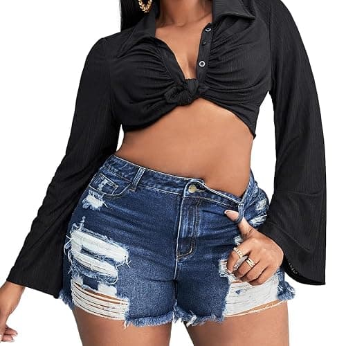 MapleHub Plus Size Denim Shorts Women High Waisted Ripped Folded Hem Jean Shorts thumbnail 6
