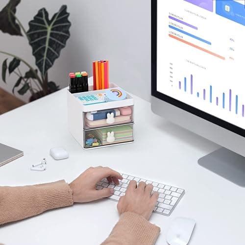 LETURE Small Desk Organizer With Drawer, Office Desktop Storage Box, Business Card/Pen/Pencil/Mobile Phone/Stationery Holder Storage Box, Makeup Organizer for Office School Home (White) thumbnail 4