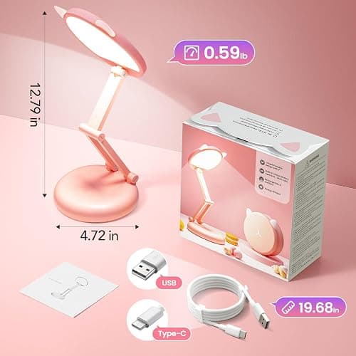 One Fire Cute Desk Lamp Pink Dorm Lamps for College Girls Foldable Portable Rechargeable Dimmable Cute Cat Lamp Kawaii Room Decor,College Dorm Decor for Girls Pink Classroom Essentials thumbnail 9