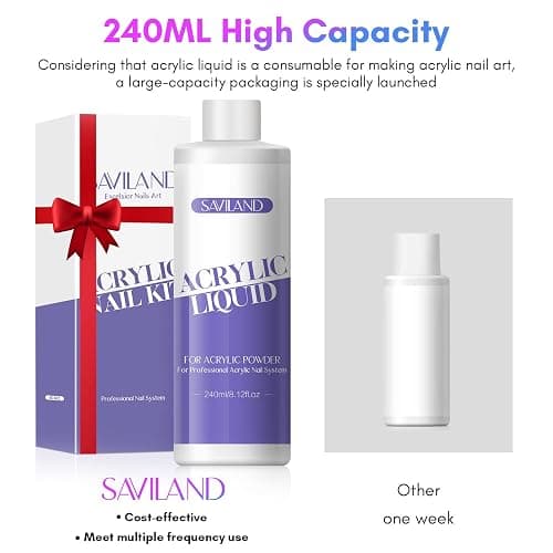 SAVILAND Monomer Acrylic Nail Liquid – 8.11fl.oz Acrylic Liquid with 3PCS Brushes Size（8/10/14) Non-Yellowing Monomer for DIY Home Nail Salon Use thumbnail 5