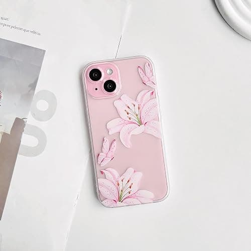 NITITOP Compatible with iPhone 15 Case Clear Cute Butterfly Lily Flower Floral Pattern for Women Girls Full Camera Lens Clear Slim Shockproof Protective Phone Cover - Pink thumbnail 2