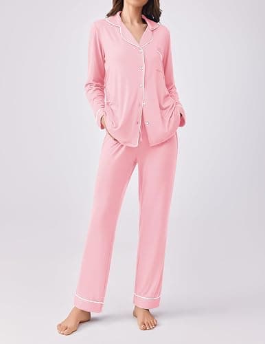 Ekouaer Womens Pajamas Set 2 Piece Button Down Pjs Soft Long Sleeve Top and Pants Sleepwear Set Lounge Sets thumbnail 3