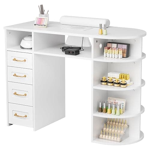 OmySalon Nail Desk for Nail Tech with Electric Dust Collector – Rattan Manicure Table, Professional Salon Station with Display Rack, Storage Drawers, Acetone Resistant Surface & Wrist Cushion (White) - Image 1