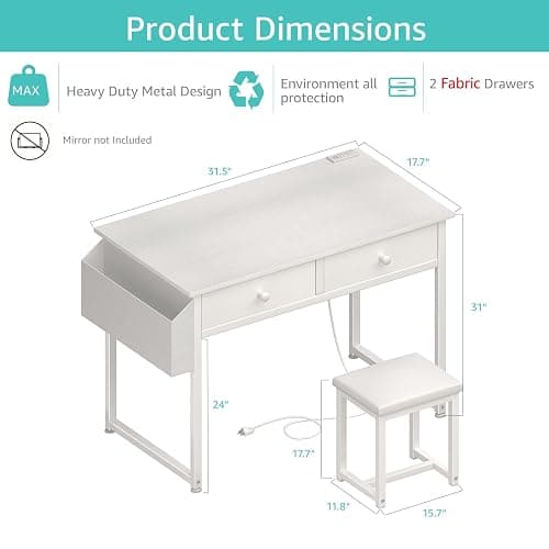 KAI-ROAD White Makeup Vanity Desk No Mirror with Chair, Small Vanity Table Set with Fabric Drawers, Power Outlet & Chair Without Mirror, Modern Make Up Desk for Girls Bedroom thumbnail 2