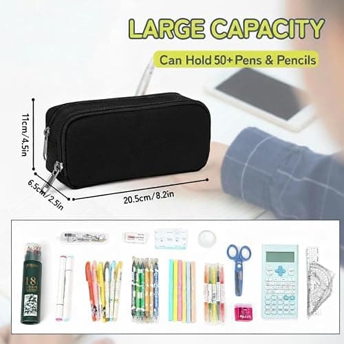 Della Gao Large Pencil Case, Big Capacity Pencil Pouch with 2 Compartments, Office Pencil Bag with Zipper, Big Pen Case for Adults (01-Black) thumbnail 3