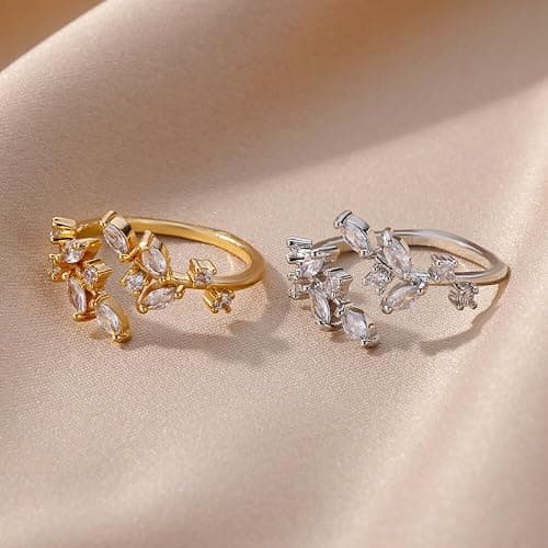 cotwdi Gold Rings Non Tarnish Silver Adjustable Rings for Women Cubic Zirconia Leaf Ring Dainty Silver Stackable Ring for Women thumbnail 5