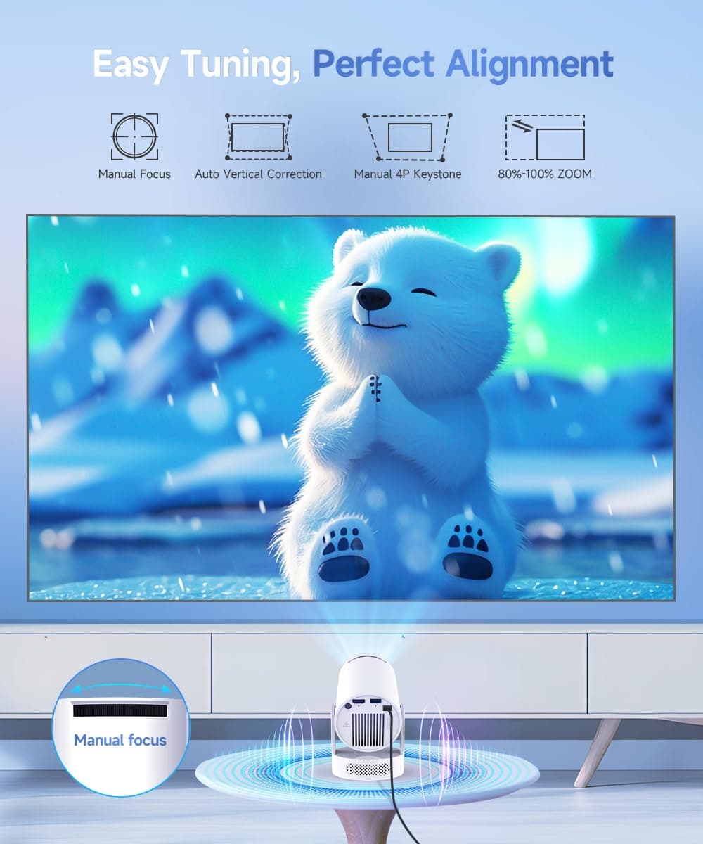 Mini Projector 4K Support with WiFi 6 and Bluetooth 5.4, 5w Soundbase Speaker, Auto Vertical Keystone 180°Rotatable Portable Proyector for Home Bedroom Outdoor (5w Speaker & Manual Focus) thumbnail 2