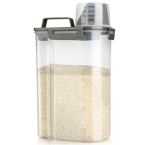 Viretec Rice Airtight Storage Container, 3 to 5Lbs Cereal Dry Food Flour Bin, Pet Dog Cat Food Dispenser with Measuring Cup, BPA Free Clear Plastic Kitchen and Pantry Organization Bin for Sugar - Image 1