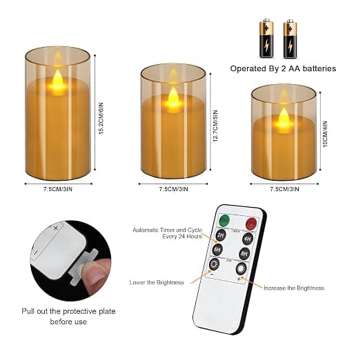 wemarry Flameless Candles 4" 5" 6" Acrylic Glass Pillars 3" Diameter Battery Operated Flickering Candles Include 8-Key Remote with Timer Function 400+ Hours (Amber, Warm Light 6 Pack) thumbnail 6