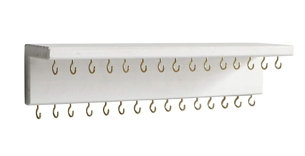 SANY DAYO HOME Jewelry Organizer with 30 Hooks and Cosmetics Shelf, 15 x 3 x 4 inches Wall Mounted Rustic Pine Wood Holder for Necklaces and Bracelets, Suitable for Kids and Adults (Retro White) - Image 1