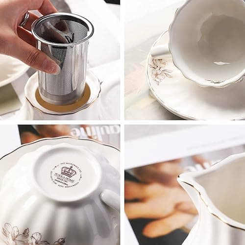 Porcelain Tea Sets British Royal Series, 8 OZ Cups & Saucer Service for 6, with Teapot Sugar Bowl Cream Pitcher Teaspoons and Tea Strainer, Suitable for High Tea, Wedding, Party（Morning glory） thumbnail 6