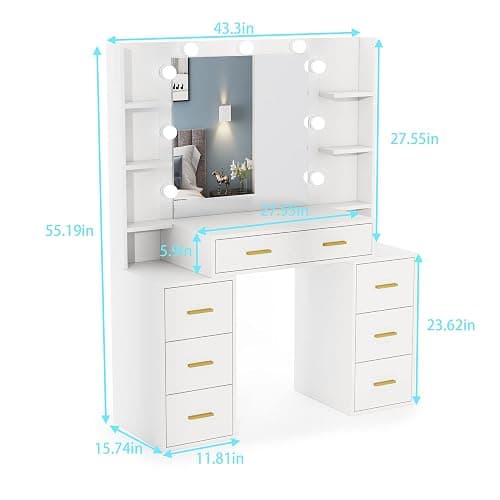 PAKASEPT Vanity Set with Lighted Mirror, 43'' Makeup Vanity with Charging Station, Vanity Desk with 9PCS LED Bulb, Storage Shelves, 7 Drawers for Bedroom(No Stool) thumbnail 2