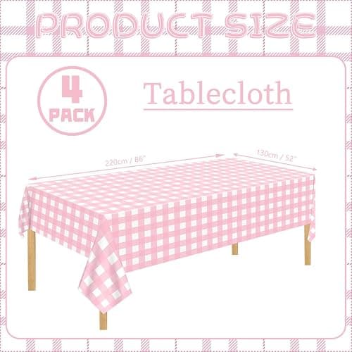 4 Pcs Pink Plaid Tablecloth Plastic Pink and White Checkered Tablecloths Waterproof Rectangle Pink Gingham Tablecloth for Picnic Birthday Wedding Camping Holiday Christmas Parties, 52 x 86 in thumbnail 3