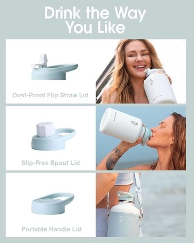Coolflask 64 oz Water Bottle Insulated with PU Leather Sleeve, Half Gallon Water Bottle Color Contrast with Straw Lids, Stainless Steel Metal Large Water Jug, Keep Cold 48h Hot 24h,Glacier White thumbnail 6