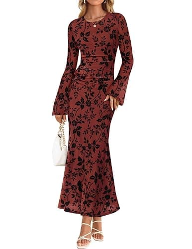ZESICA Women's Long Sleeve Floral Bodycon Dress 2025 Fall Fashion Ruched Mesh Wedding Guest Cocktail Party Maxi Dresses - Image 1