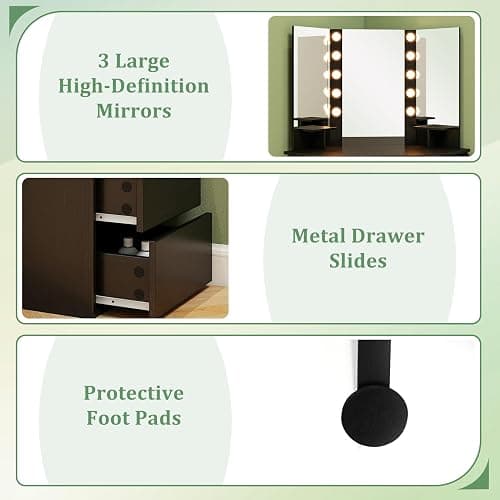 CHARMAID Corner Vanity Desk with Mirror and Lights, Black Makeup Vanity Table with 5 Drawers, Storage Shelves, Charging Station, 3 Lighting Modes, Compact Vanity Dressing Table for Small Space thumbnail 8